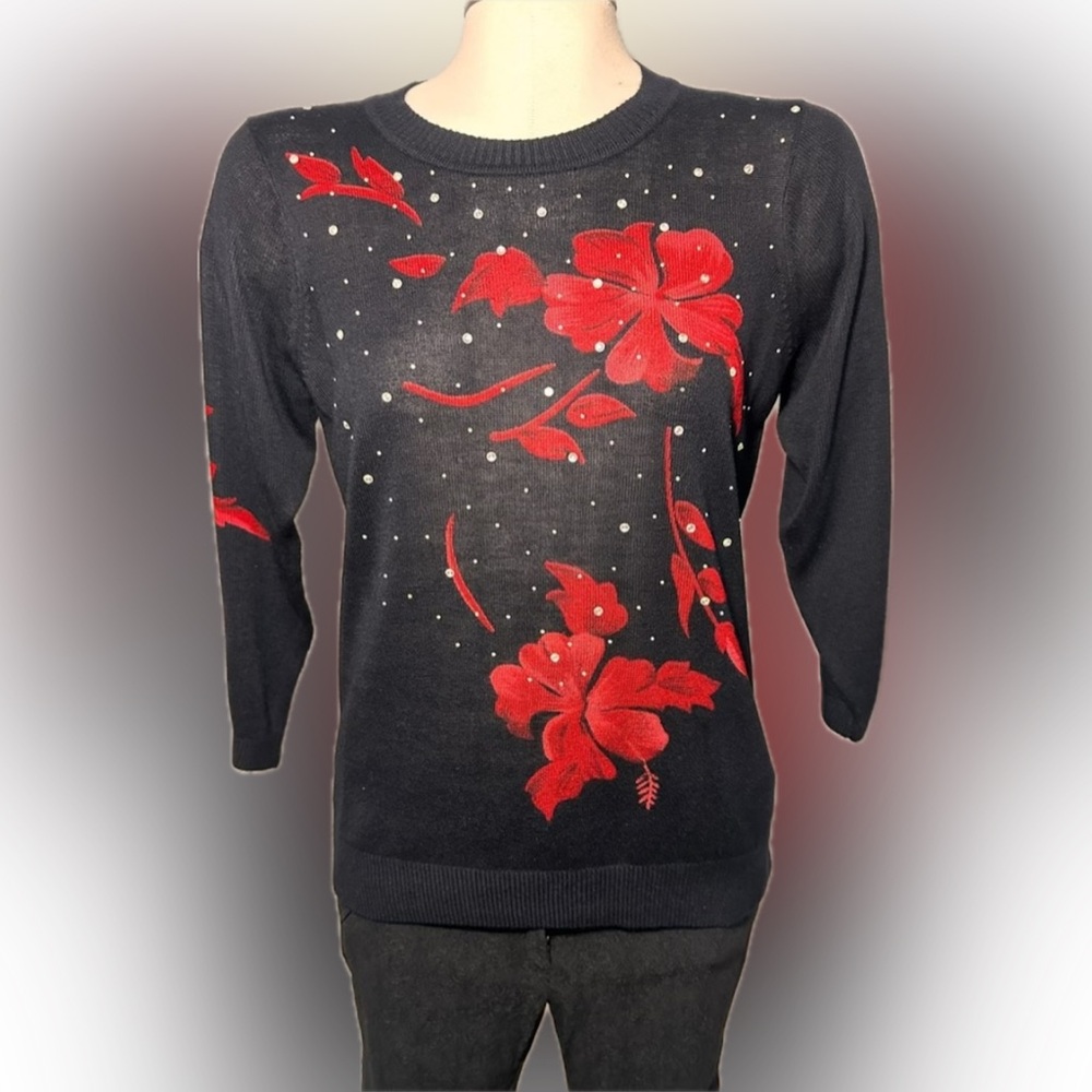 Rebecca Malone Petite Black and Red Floral Holiday Sweater Petite Small